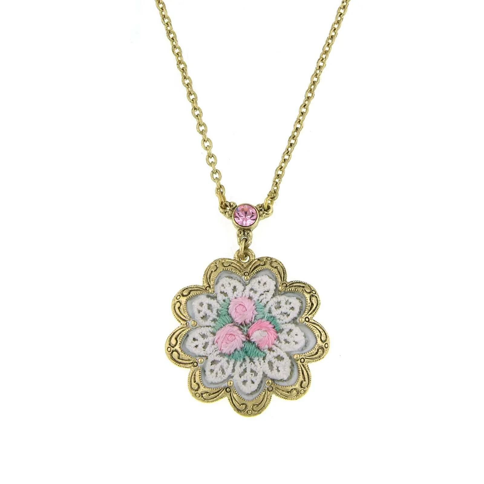1928 Jewelry Knit Doily Pink Rose Flower Crystal Accent Pendant Necklace, 16   3" Extender 1928 Jewelry
