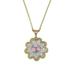 1928 Jewelry Knit Doily Pink Rose Flower Crystal Accent Pendant Necklace, 16   3" Extender 1928 Jewelry