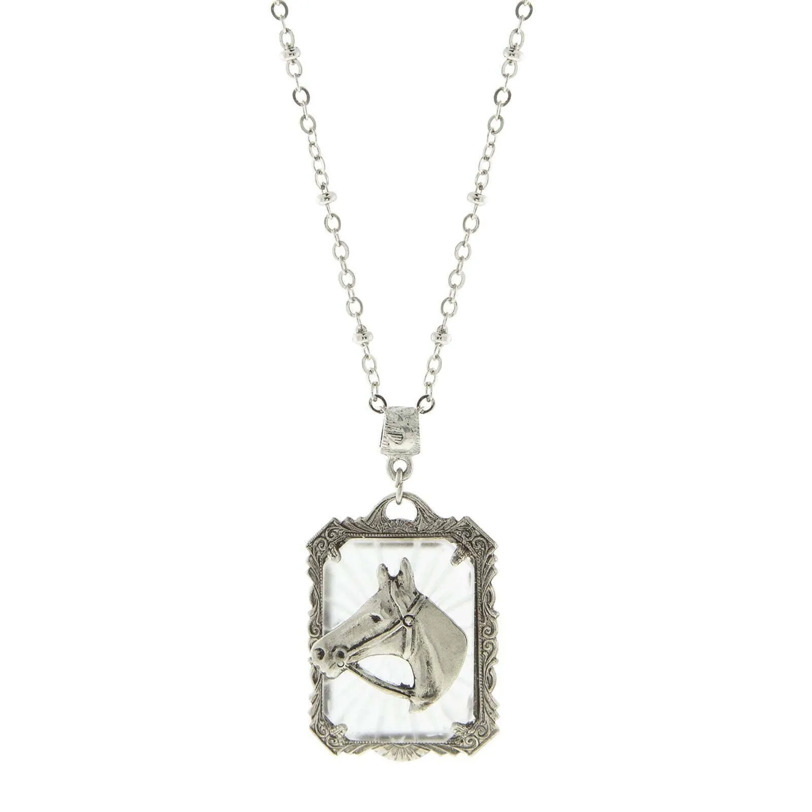 1928 Jewelry Lalique Rectangle Glass Horse Head Pendant Necklace 24" 1928 Jewelry
