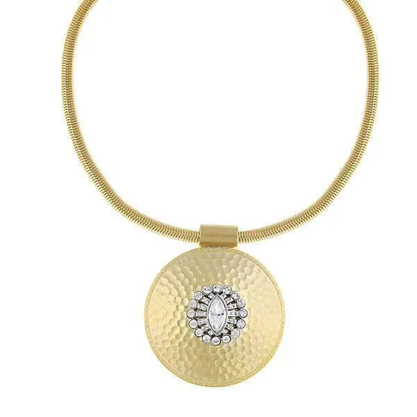 1928 Jewelry Large Hammered Disk Crystal Pendant Necklace 16"   3" Extender 1928 Jewelry
