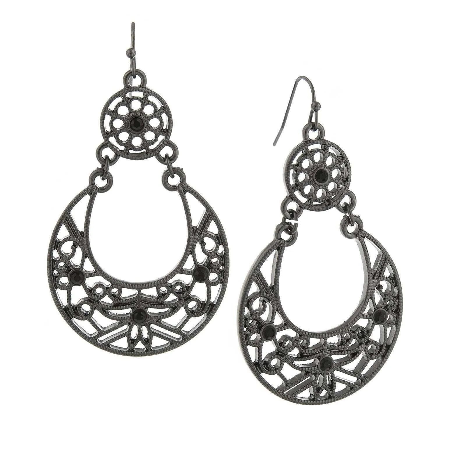1928 Jewelry Large Jet Black Filigree Drop Earrings 1928 Jewelry