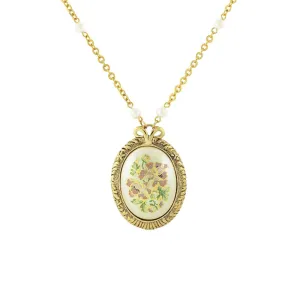 1928 Jewelry Large Oval Flower Decal Faux Pearl Pendant Necklace 30" 1928 Jewelry