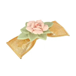 1928 Jewelry Large Pink & Green Porcelain Flower Mesh Bow Hair Barrette 1928 Jewelry