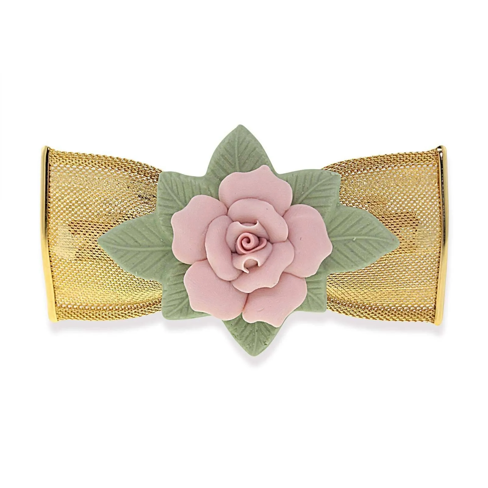 1928 Jewelry Large Pink & Green Porcelain Flower Mesh Bow Hair Barrette 1928 Jewelry