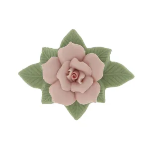 1928 Jewelry Large Pink Genuine Porcelain Rose And Green Leaf Bar Pin 1928 Jewelry