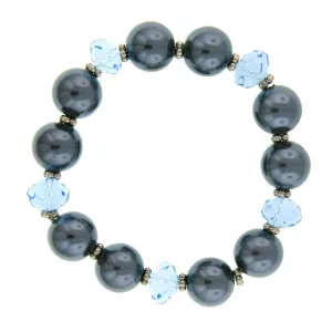 1928 Jewelry Light Blue Glass Bead Hematite Faux Pearl Stretch Bracelet 1928 Jewelry