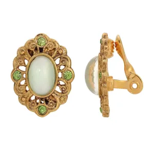 1928 Jewelry Light Green Cat's Eye & Peridot Green Crystal Filigree Clip On Earrings 1928 Jewelry