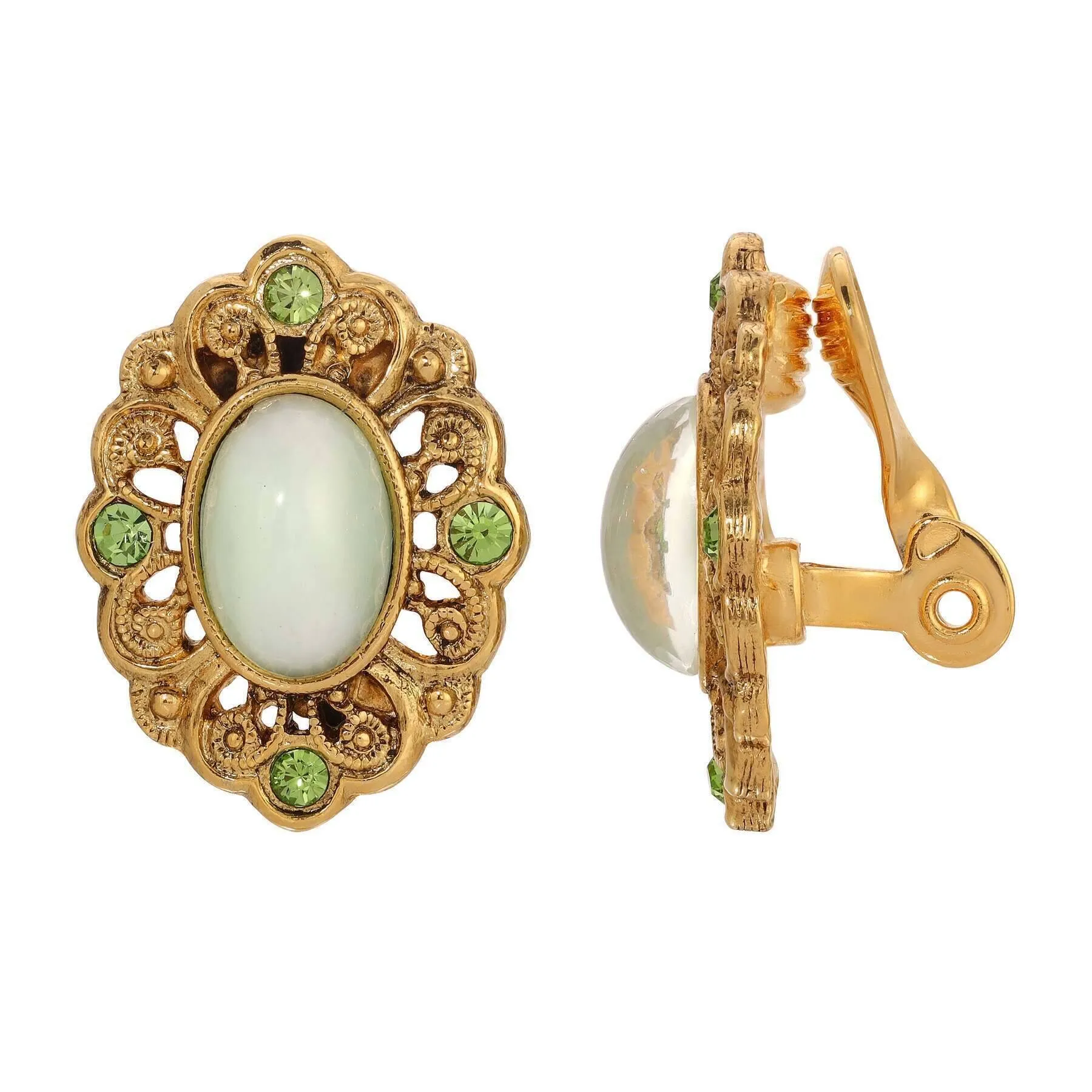 1928 Jewelry Light Green Cat's Eye & Peridot Green Crystal Filigree Clip On Earrings 1928 Jewelry