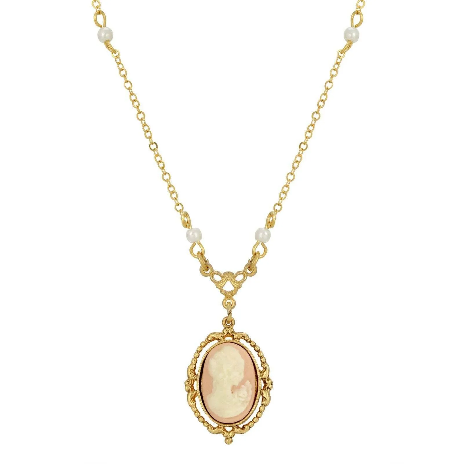 1928 Jewelry Light Pink Oval Cameo Faux Pearl Pendant Necklace 16"   3" Extender 1928 Jewelry