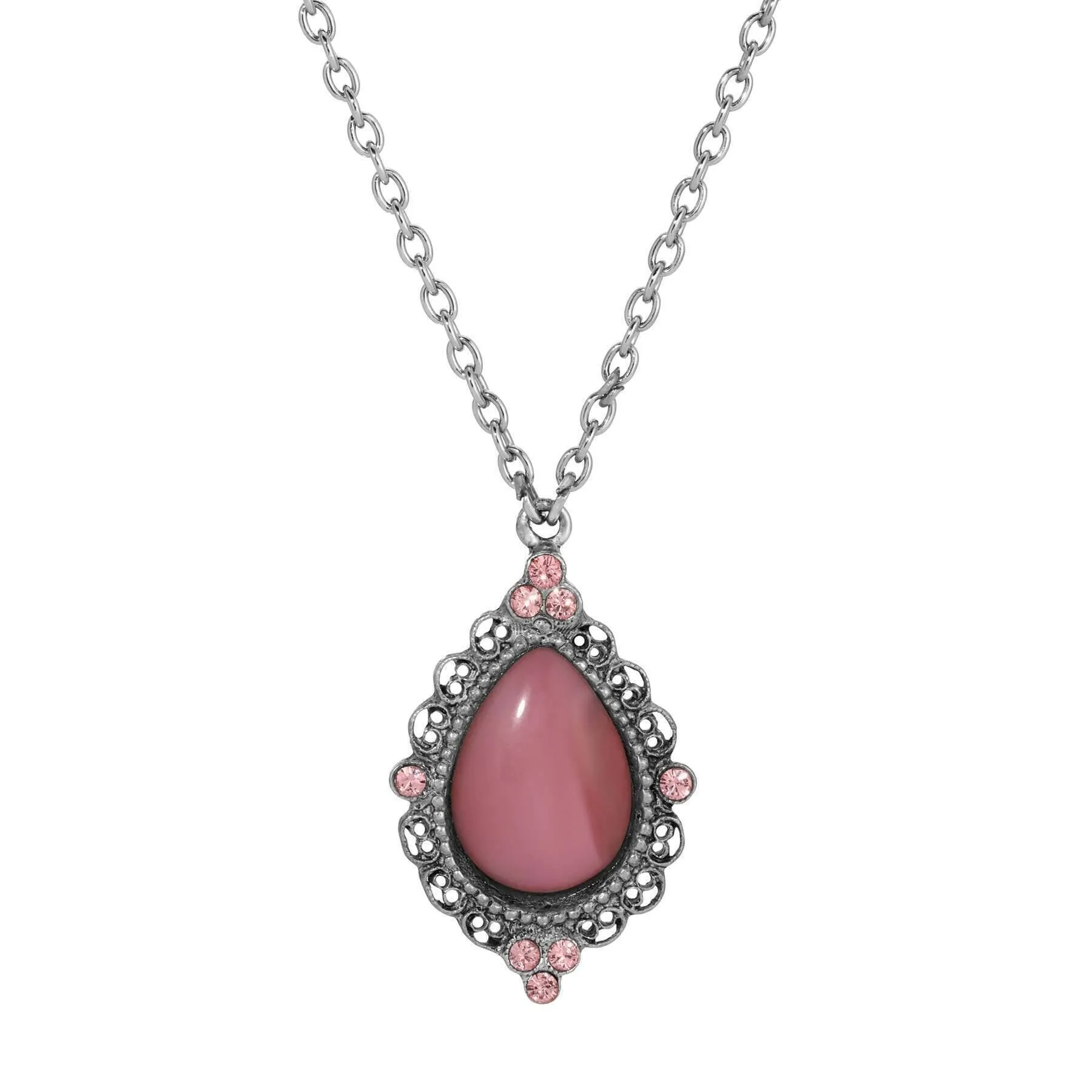 1928 Jewelry Light Rose Pink Crystal Pear Moonstone Pendant Necklace 16"   3" Extender 1928 Jewelry