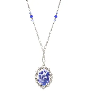 1928 Jewelry Light Sapphire Crystal Blue Willow Pagoda Oval Swivel Pendant Necklace 30"L 1928 Jewelry