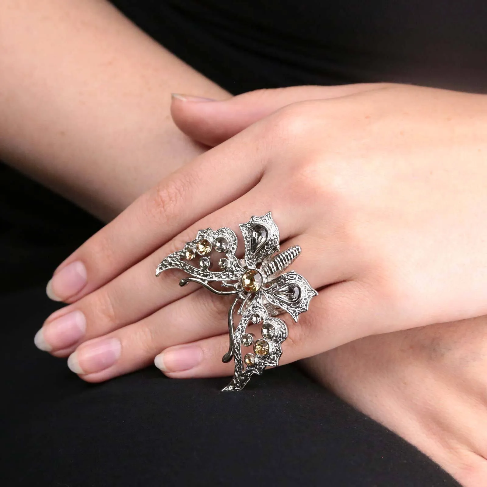 1928 Jewelry Light Topaz And Black Diamond Color Butterfly Stretch Ring 1928 Jewelry