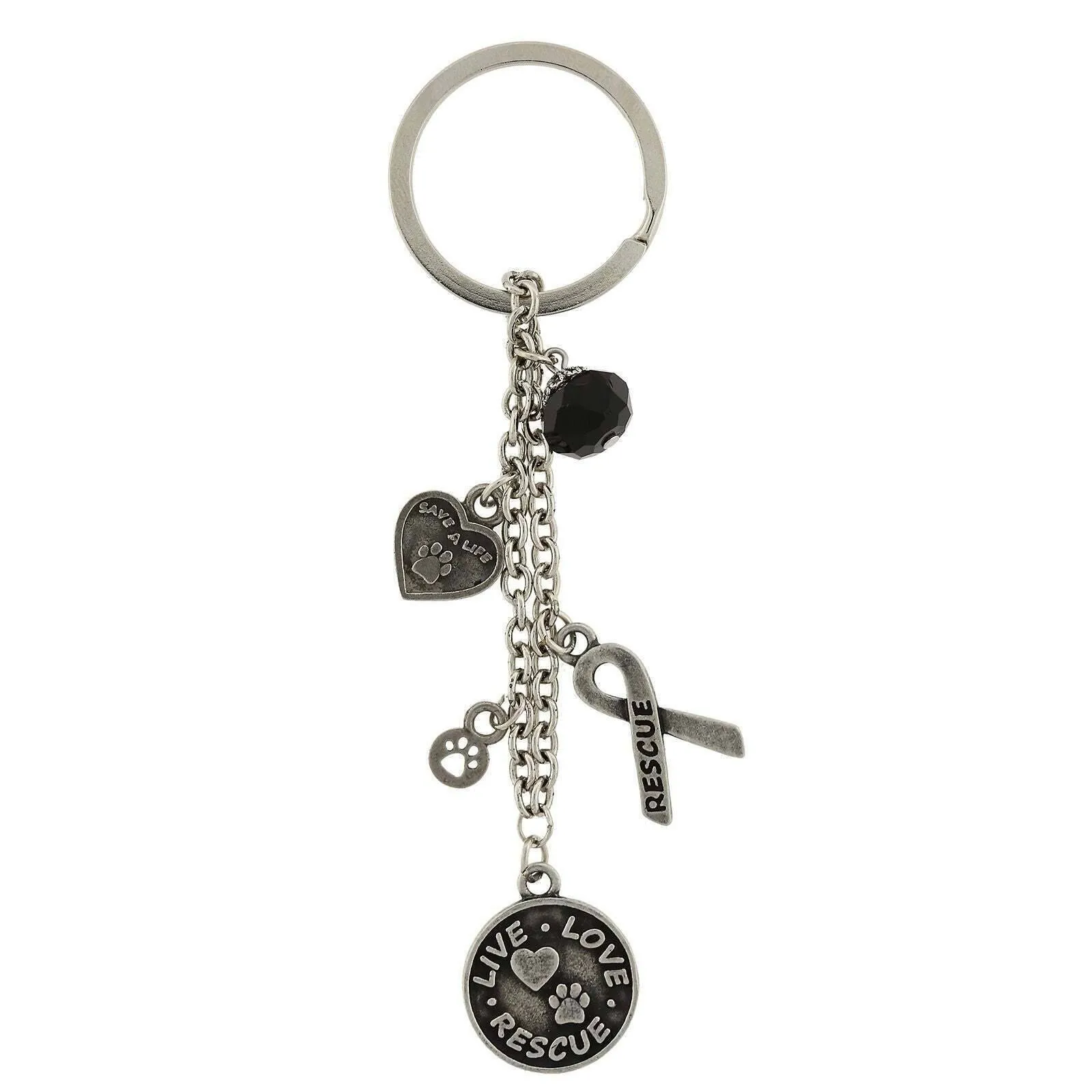 1928 Jewelry Live Love Rescue Ribbon Heart Charms Black Bead Key Ring 1928 Jewelry