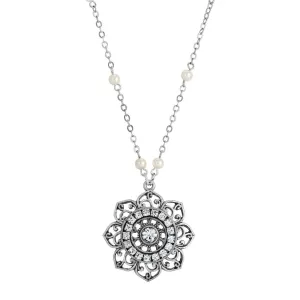 1928 Jewelry Majestic Crystal Flower Faux Pearl Pendant Necklace 18" 1928 Jewelry