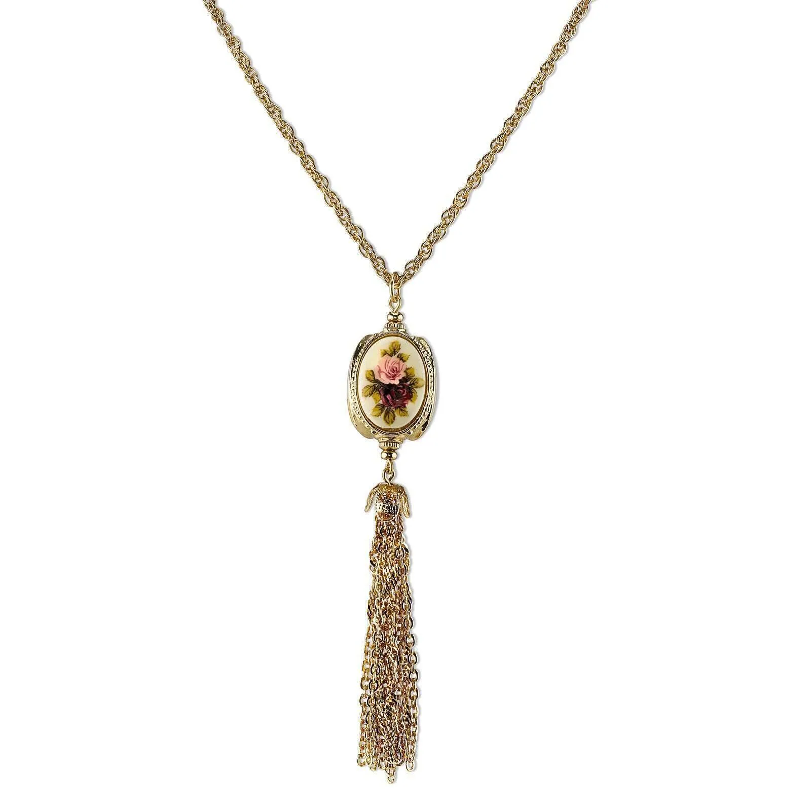 1928 Jewelry Manor House Ivory 3-Sided Roses Spinner Tassel Y-Necklace 28" 1928 Jewelry