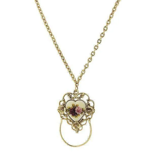1928 Jewelry Manor House Ivory Floral Heart Decal, Badge And Eyeglass Holder Chain Necklace 30" 1928 Jewelry