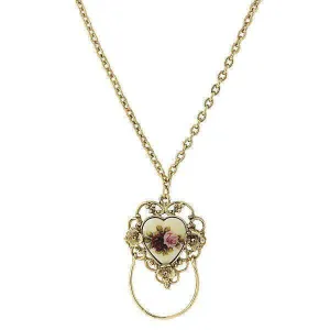 1928 Jewelry Manor House Ivory Floral Heart Decal, Badge And Eyeglass Holder Chain Necklace 30" 1928 Jewelry