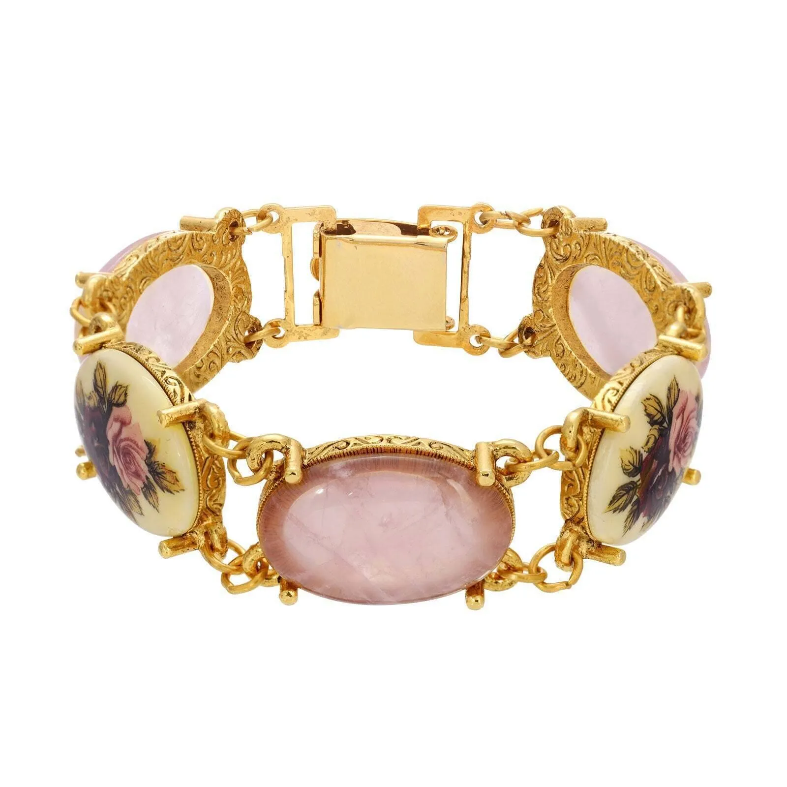 1928 Jewelry Manor House Pink & Purple Floral Stone Rose Quartz Link Bracelet 1928 Jewelry
