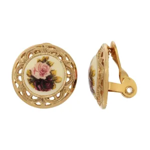 1928 Jewelry Manor House Pink & Purple Rose Flower Round Button Clip On Earrings 1928 Jewelry