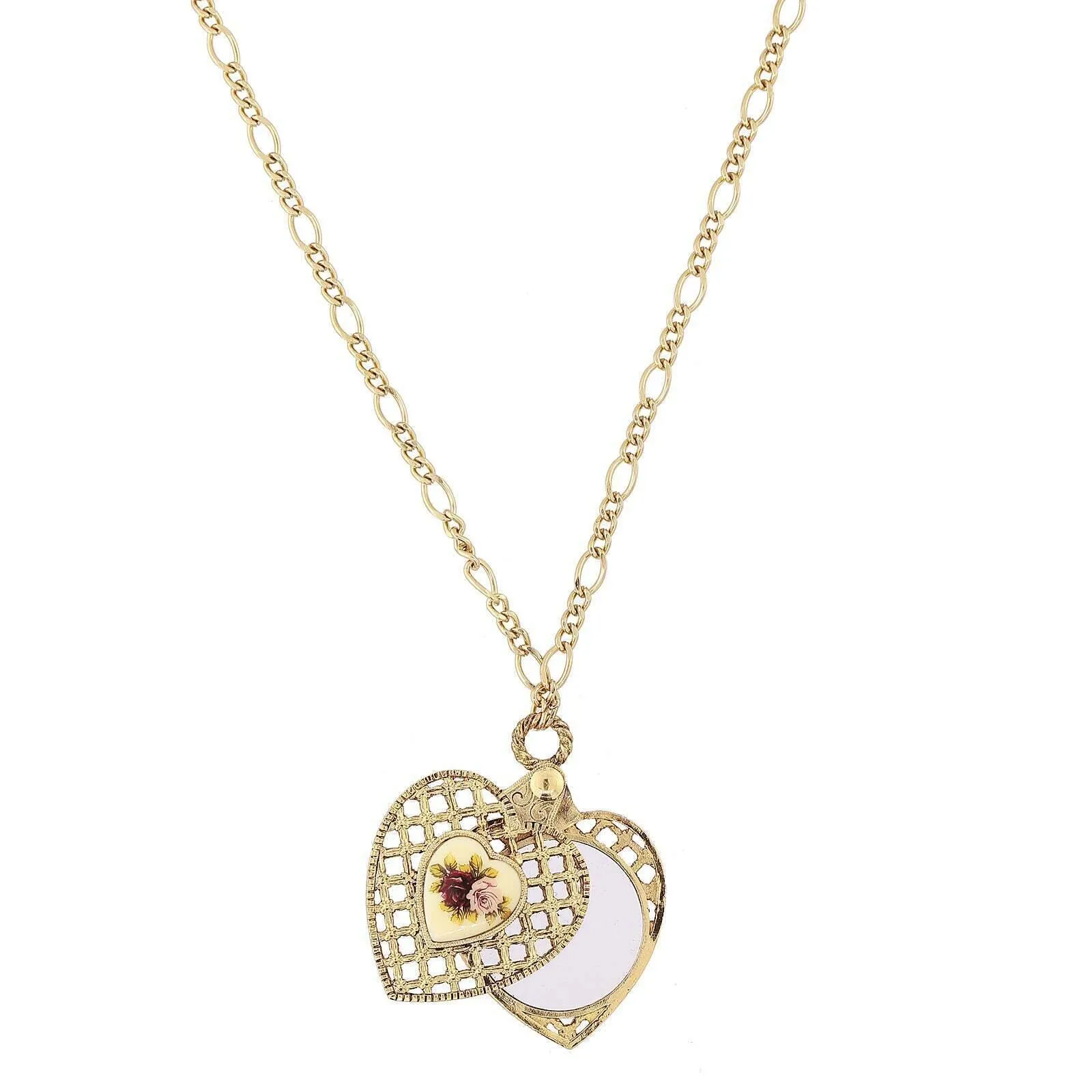 1928 Jewelry Manor House Pink & Purple Rose Heart Mirror Pendant Necklace 30" 1928 Jewelry