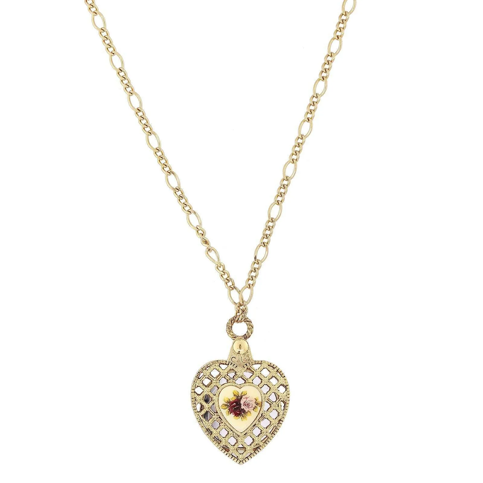 1928 Jewelry Manor House Pink & Purple Rose Heart Mirror Pendant Necklace 30" 1928 Jewelry