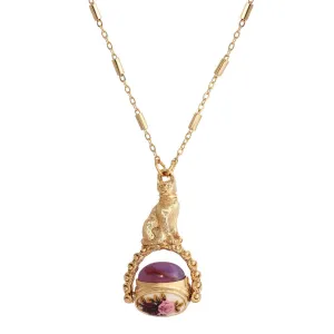 1928 Jewelry Manor House Pink & Purple Stone Spinner Cat Pendant Necklace 30" 1928 Jewelry