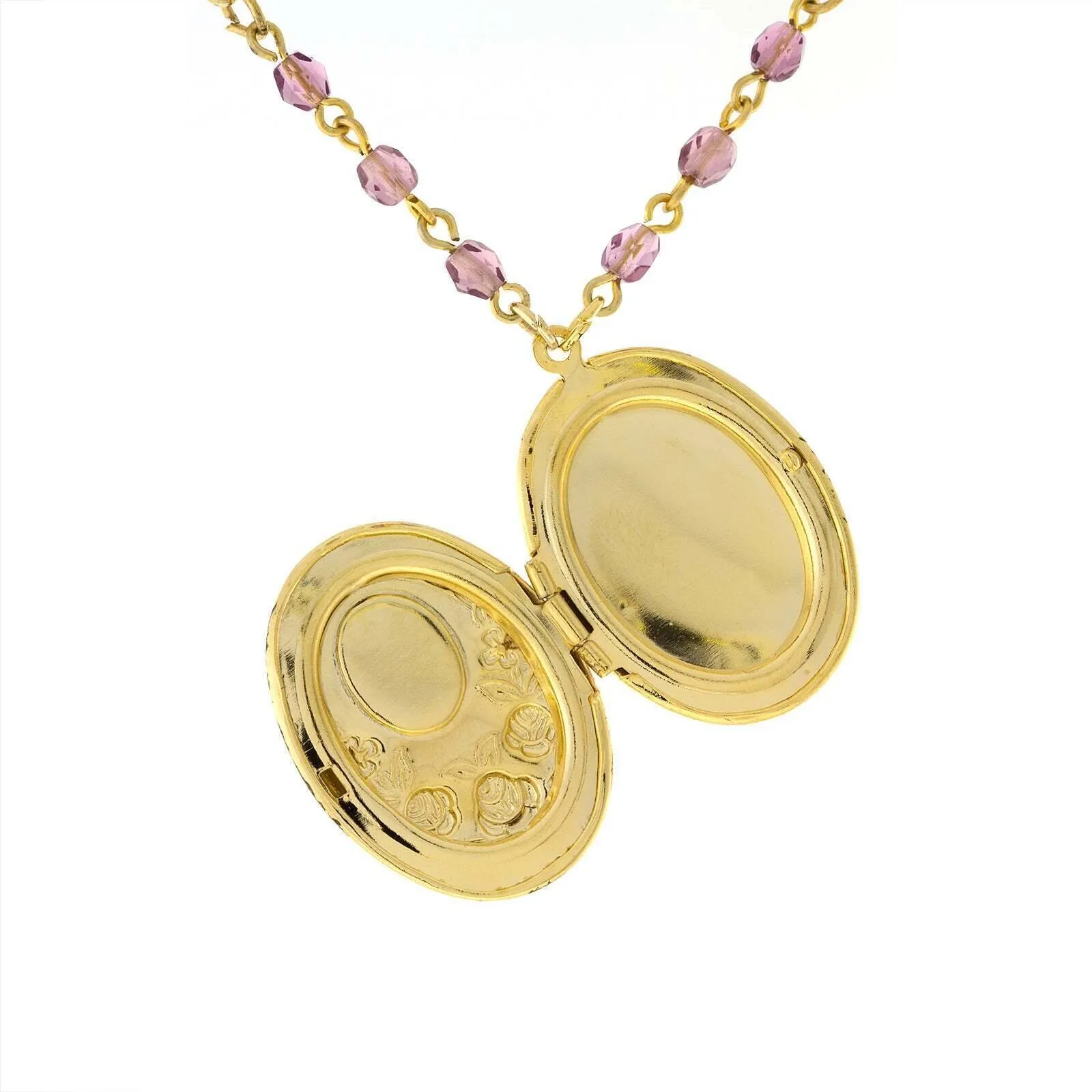 1928 Jewelry Manor House Pink And Purple Flower Beaded Locket Necklace 18"   3" Extender 1928 Jewelry