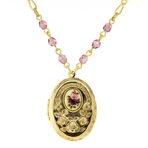 1928 Jewelry Manor House Pink And Purple Flower Beaded Locket Necklace 18"   3" Extender 1928 Jewelry