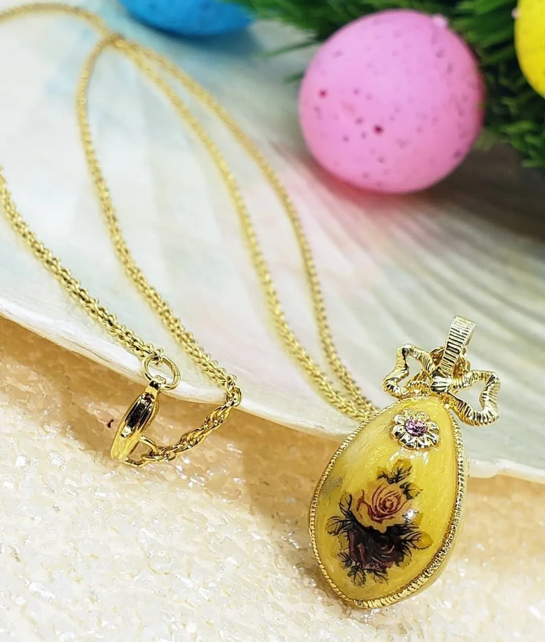1928 Jewelry Manor House Rose Faberge Style Egg Pendant Necklace 36" 1928 Jewelry