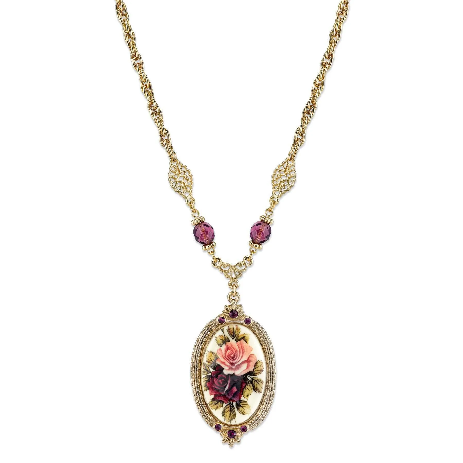 1928 Jewelry Manor House Rose Pendant Amethyst Crystal Pendant Necklace 16"   3" Extender 1928 Jewelry