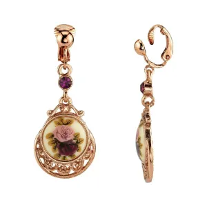 1928 Jewelry Manor House Rose Purple Crystal Flower Clip On Drop Earrings 1928 Jewelry