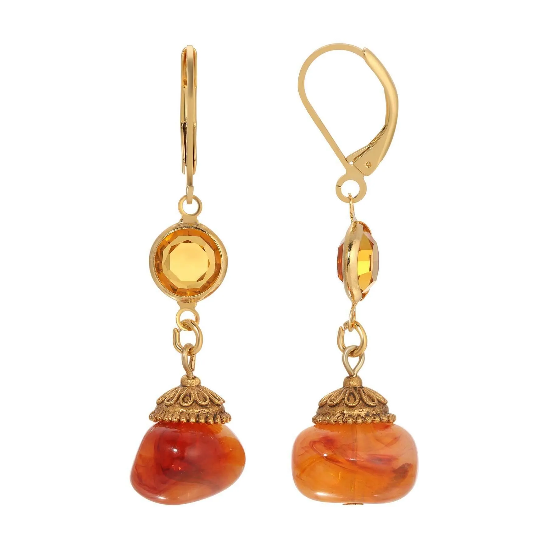 1928 Jewelry Marble Effect Carnelian Beads & Topaz Channel Crystals Dangling Earrings 1928 Jewelry