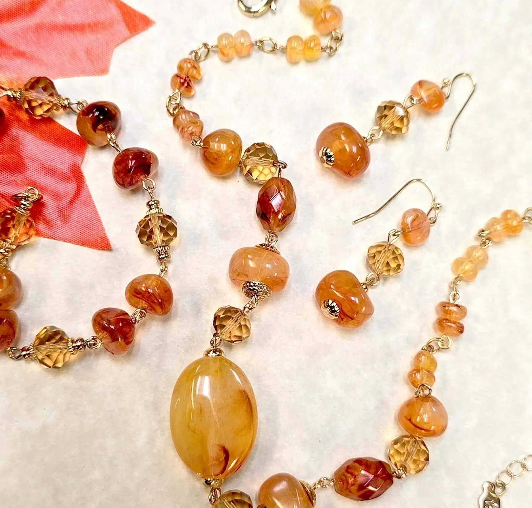 1928 Jewelry Marble Effect Carnelian Beads & Topaz Crystals Dangling Earrings 1928 Jewelry