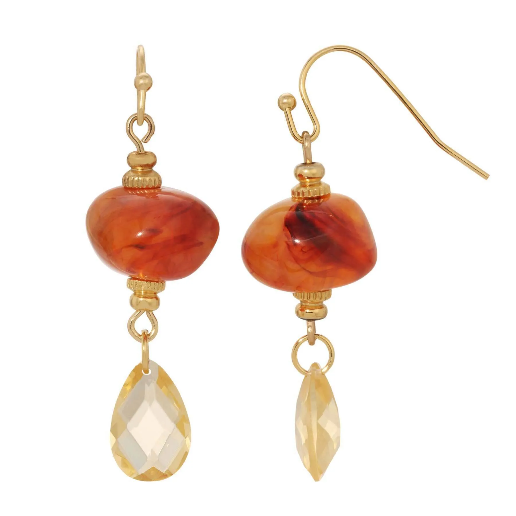 1928 Jewelry Marble Effect Carnelian Nugget Bead & Light Topaz Briolette Crystal Dangle Earrings 1928 Jewelry