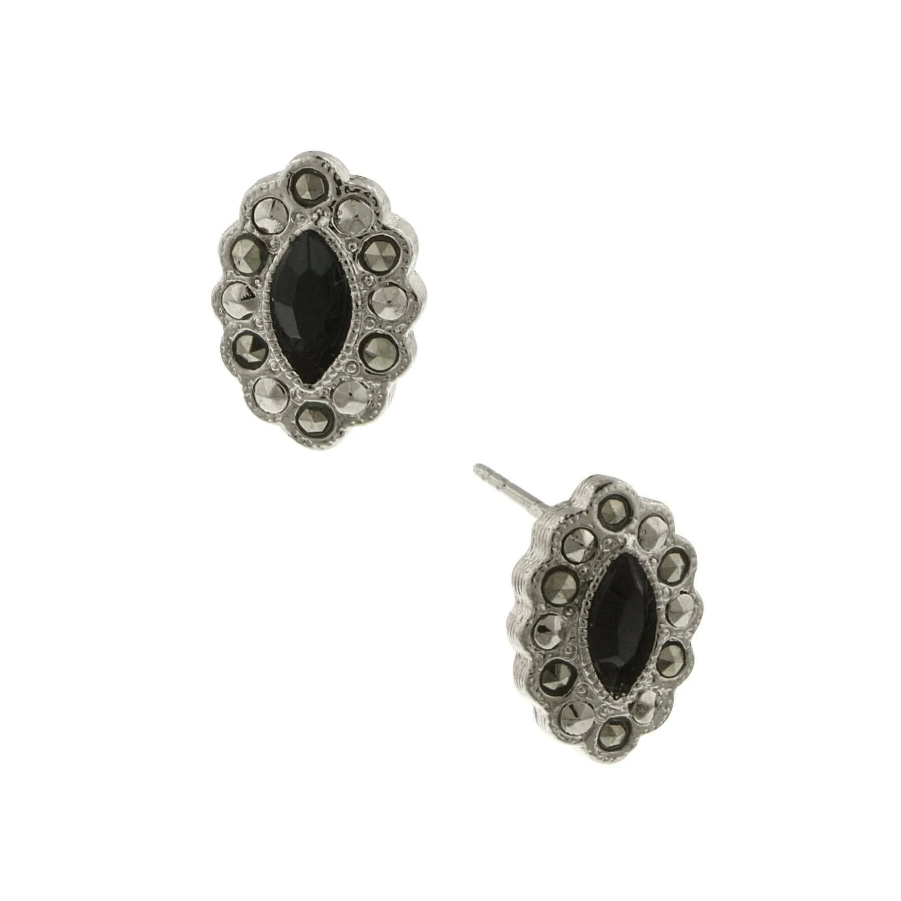 1928 Jewelry Marcasite And Black Navette Button Earrings 1928 Jewelry
