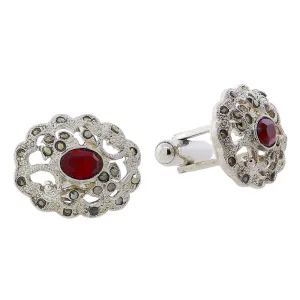 1928 Jewelry Marcasite Stones & Siam Red Crystal Vintage Inspired Cufflinks 1928 Jewelry