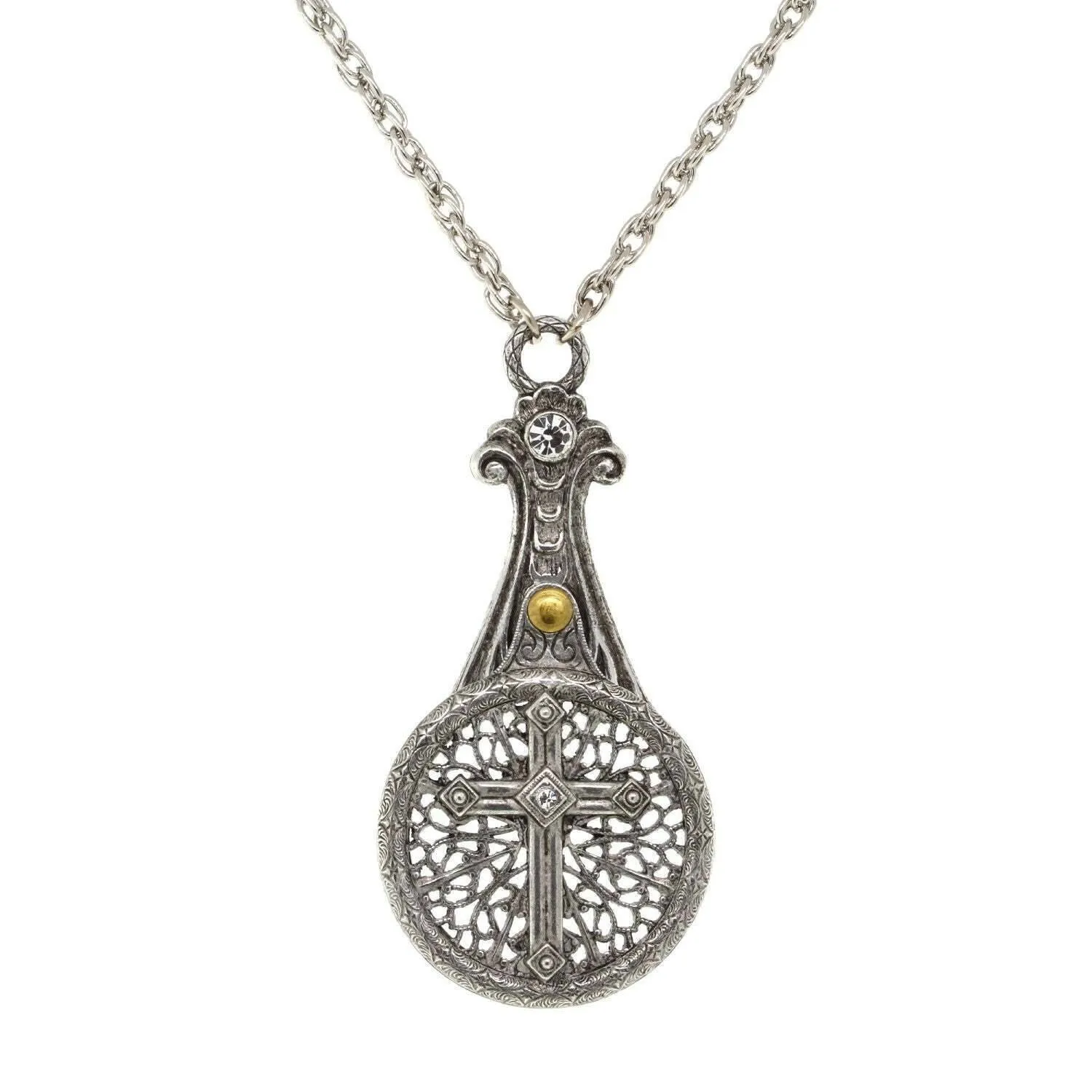 1928 Jewelry Medi Cross Filigree Sliding Magnifying Glass Crystal Necklace 30" - Magnification Power: 2X 1928 Jewelry