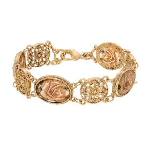 1928 Jewelry Meso Round Intricate Filigree & Pink Rose Glass Stone Link Bracelet 1928 Jewelry