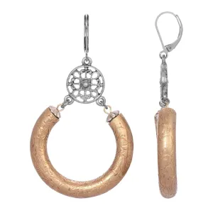 1928 Jewelry Meso Round Intricate Filigree Partial Etched Vine Hoop Drop Earrings 1928 Jewelry