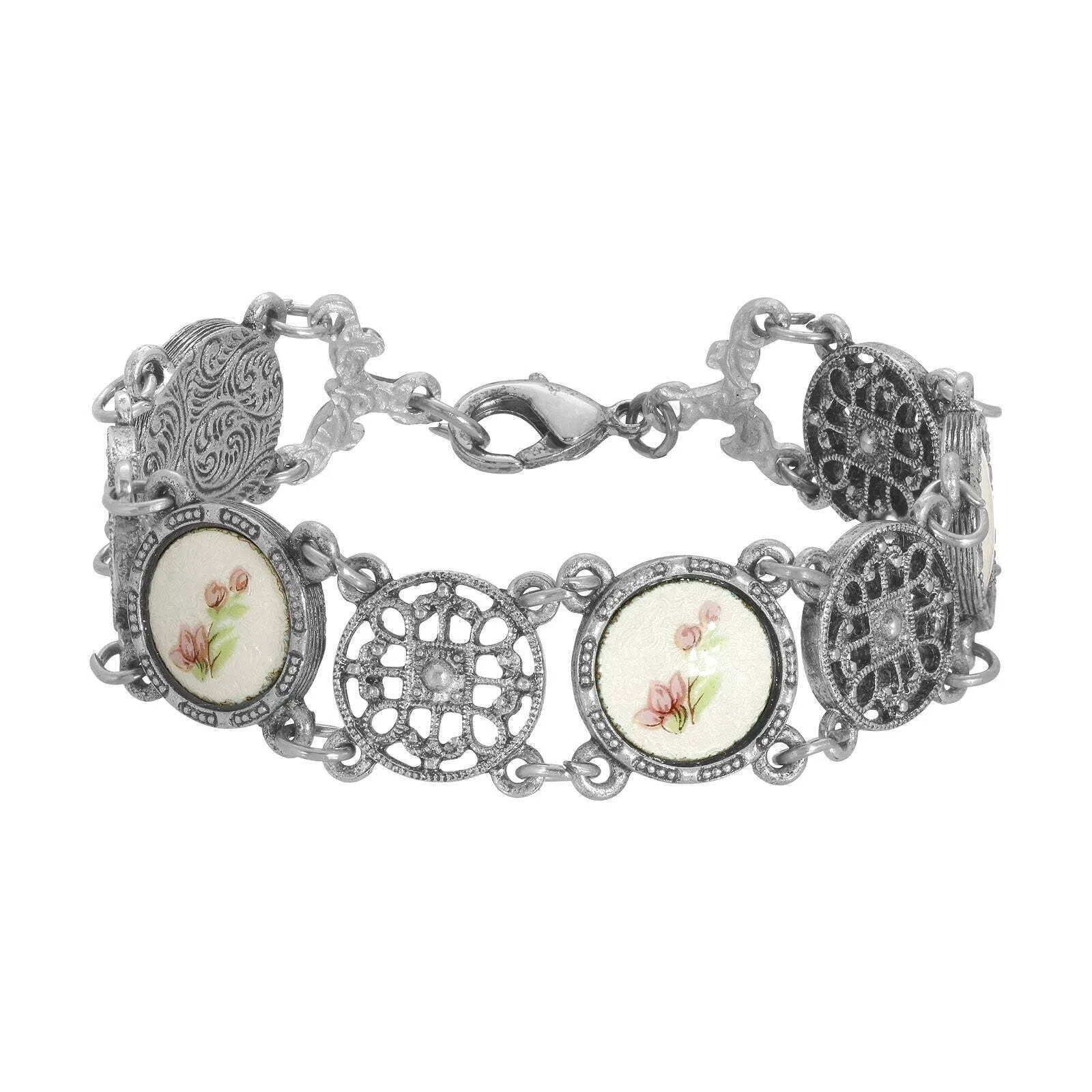 1928 Jewelry Meso Round Intricate Filigree Pink & White Stone Link Bracelet 1928 Jewelry