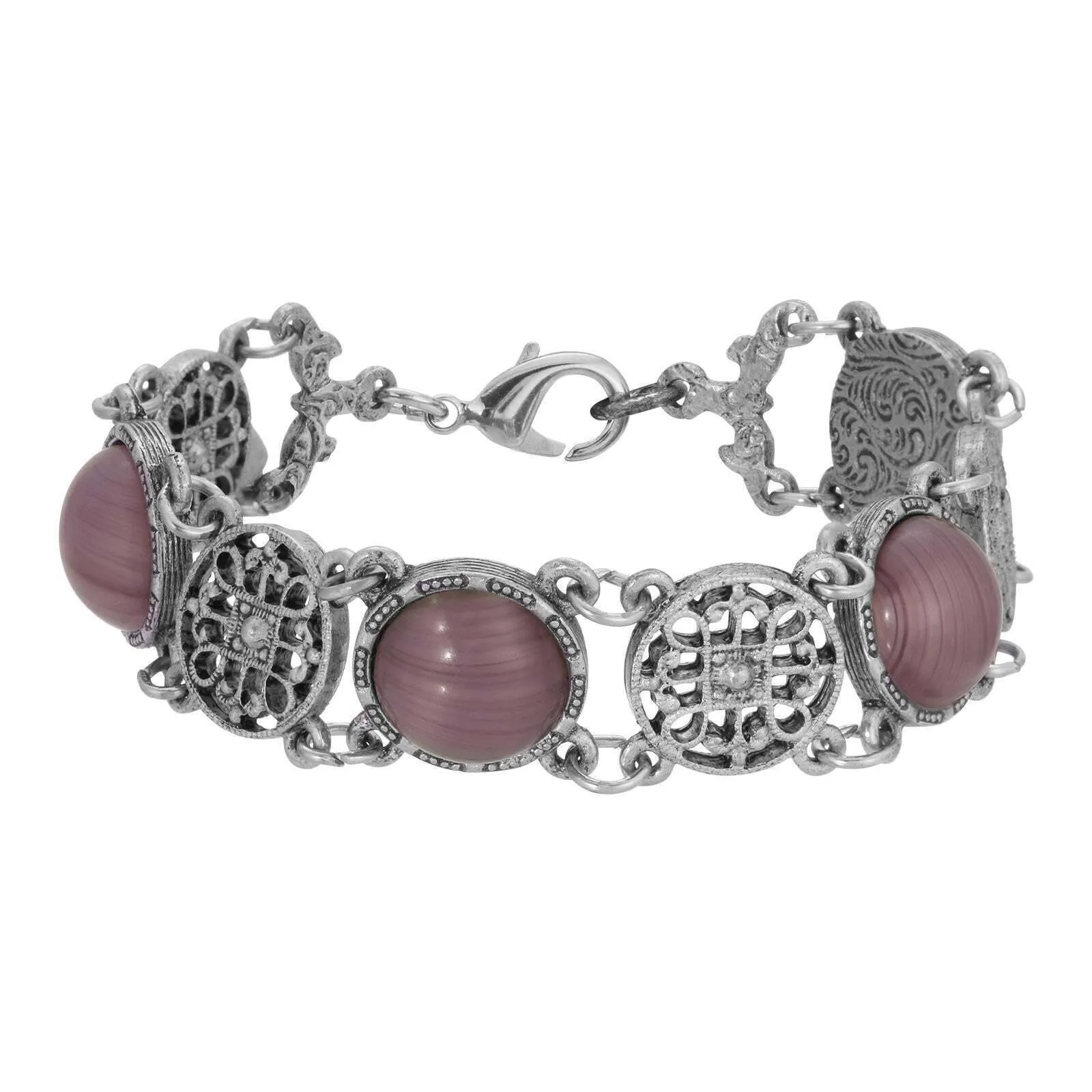 1928 Jewelry Meso Round Intricate Filigree Purple Amethyst Quartz Glass Link Bracelet 1928 Jewelry