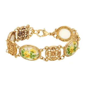 1928 Jewelry Meso Round Intricate Filigree Yellow Flower Bloom Glass Stone Link Bracelet 1928 Jewelry