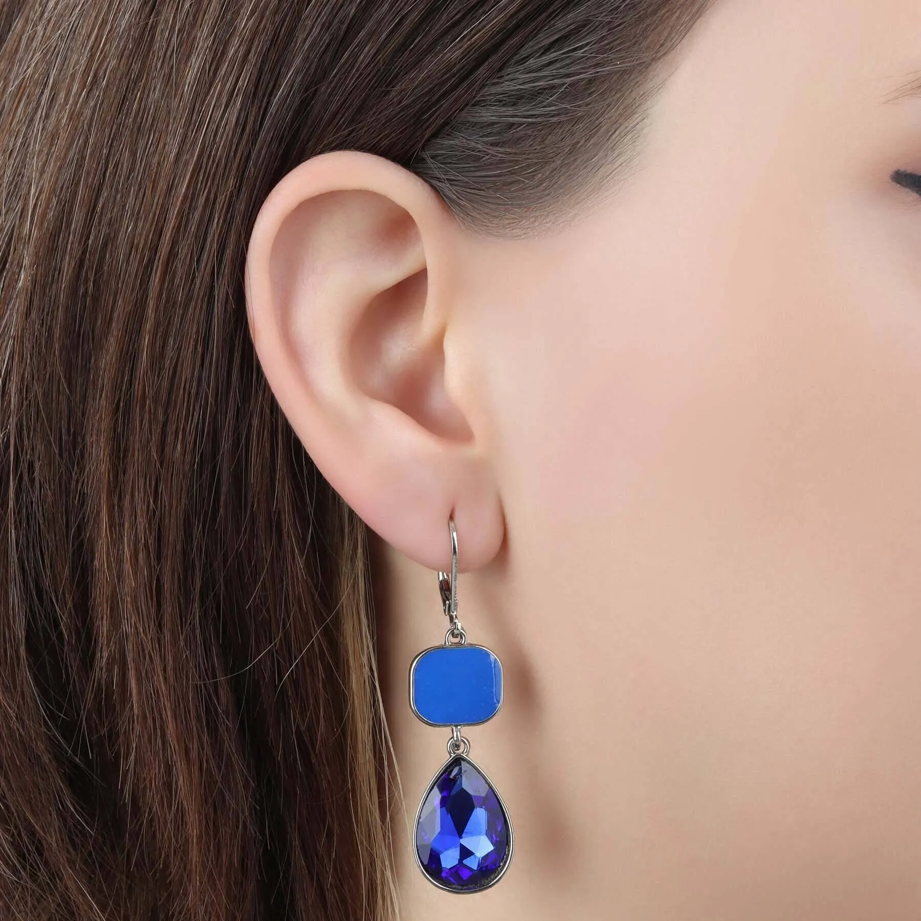 1928 Jewelry Mid Century Inspired Square And Teardrop Blue Sapphire Dangling Earrings 1928 Jewelry