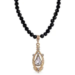 1928 Jewelry Minuit Black Glass Strand Bead Crystal Pendant Necklace 15"   3" Extender 1928 Jewelry