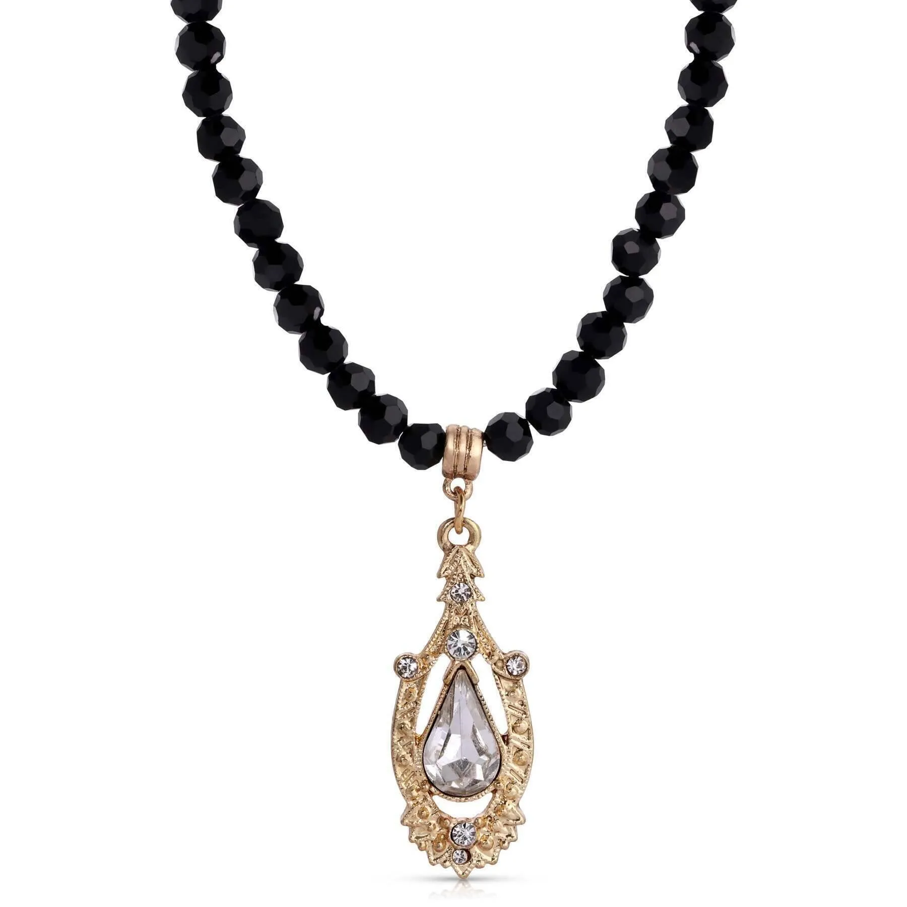 1928 Jewelry Minuit Black Glass Strand Bead Crystal Pendant Necklace 15"   3" Extender 1928 Jewelry