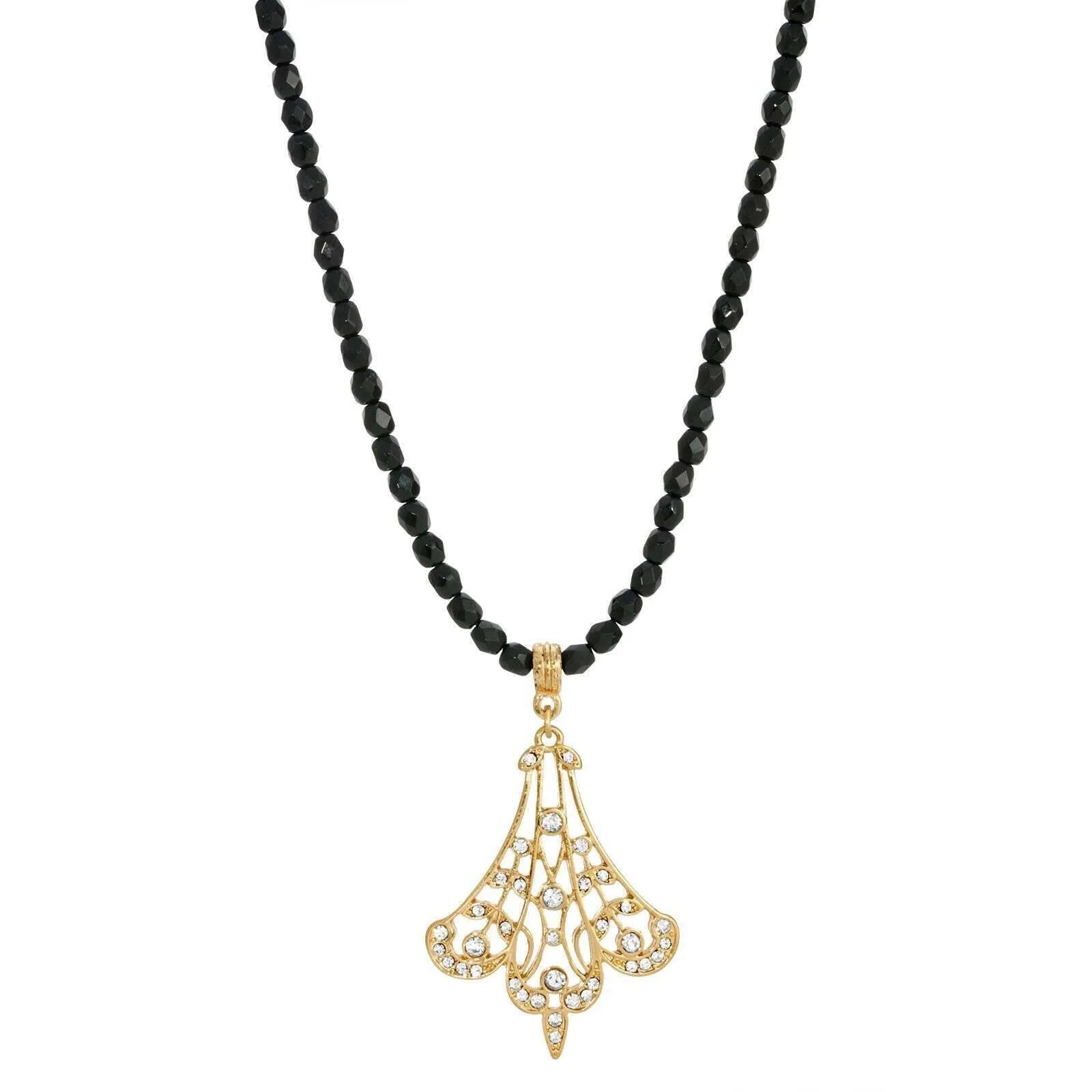 1928 Jewelry Minuit Black Glass Strand Bead Gold Filigree Fan & Crystals Pendant Necklace 15"   3" Extender 1928 Jewelry