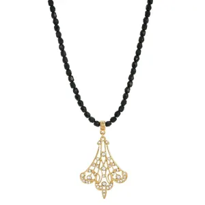 1928 Jewelry Minuit Black Glass Strand Bead Gold Filigree Fan & Crystals Pendant Necklace 15"   3" Extender 1928 Jewelry