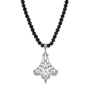 1928 Jewelry Minuit Black Glass Strand Bead Silver Filigree Fan & Crystals Pendant Necklace 15"   3" Extender 1928 Jewelry