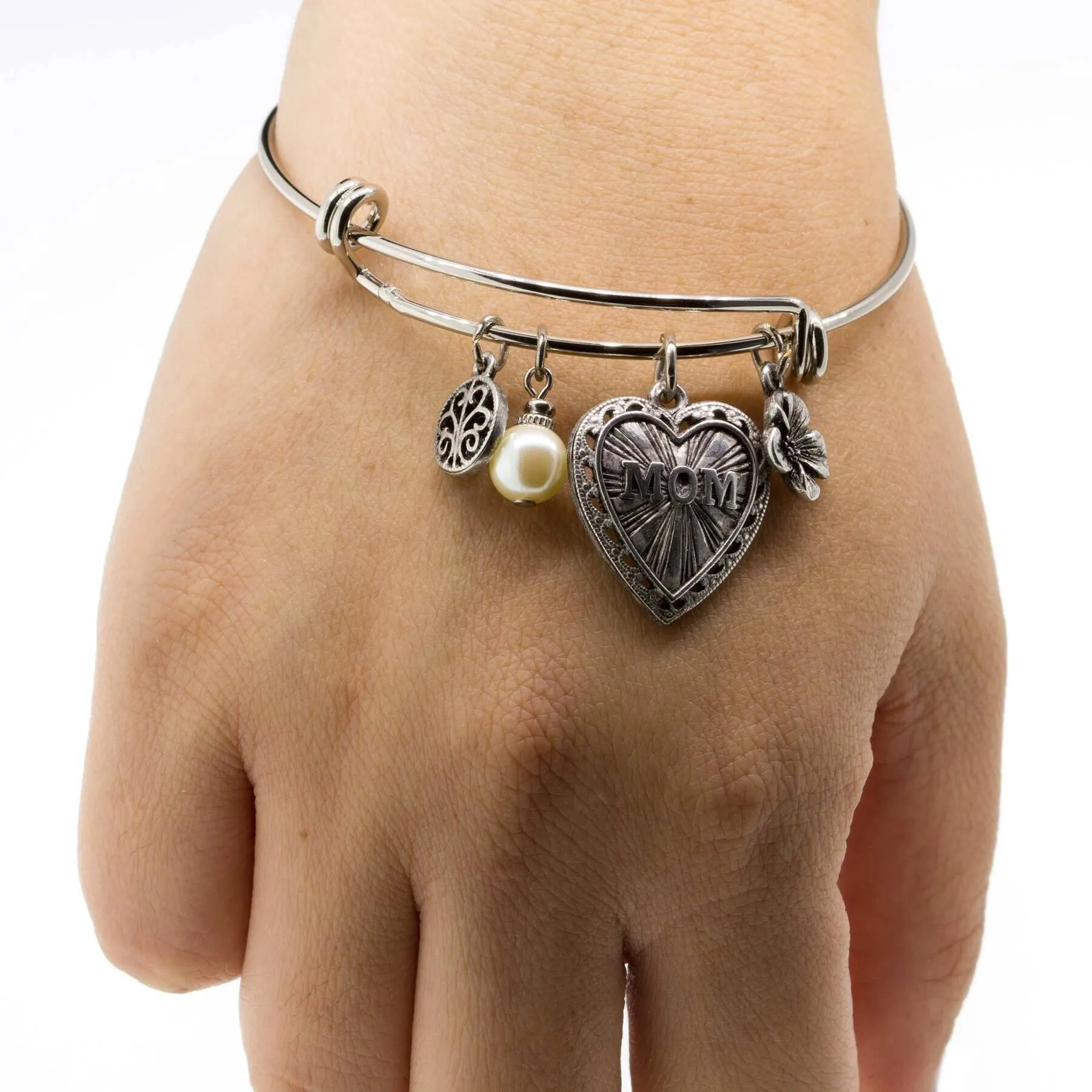 1928 Jewelry Mom Heart Flower White Faux Pearl Charm Bracelet 1928 Jewelry
