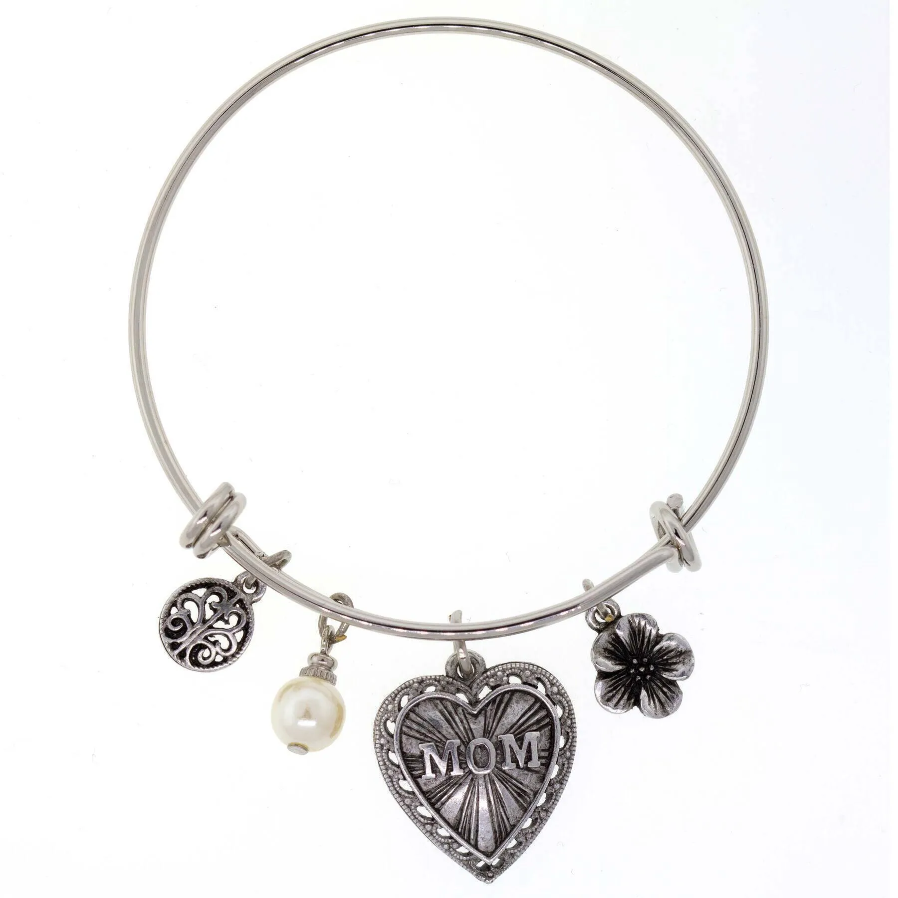 1928 Jewelry Mom Heart Flower White Faux Pearl Charm Bracelet 1928 Jewelry